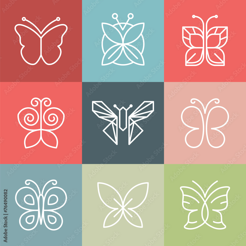 Poster vector set of line butterfly logos and icons