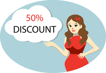 Pretty woman presenting the discount with speech bubble