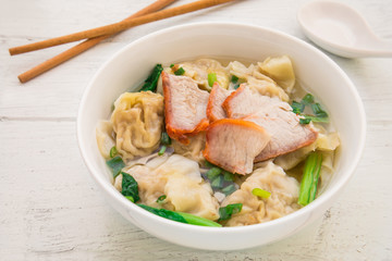 Wonton soup with roasted red pork, Chinese food