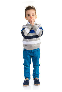 Kid Pleading Over White Background