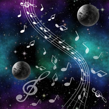 Fantasy image Music of space with planets and treble clef