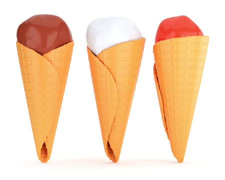 Three ice creams in waffle cones