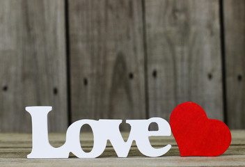 Wooden Love text with red heart