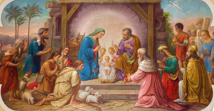 Vienna - Fresco of Nativity scene  in Erloserkirche church.