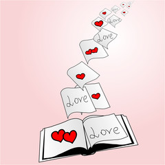 open book pages with hearts that fly