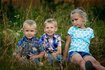 three children on meadow in summer 