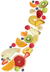 Fliegende Früchte wie Orange Frucht, Apfel, Banane und Erdbeere