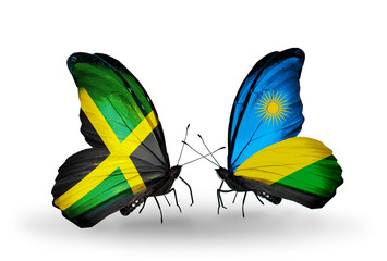 Two butterflies with flags Jamaica and Rwanda