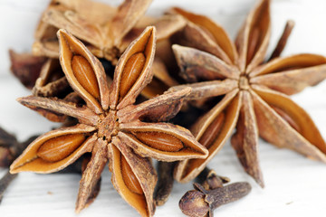 Star anises on white closeup