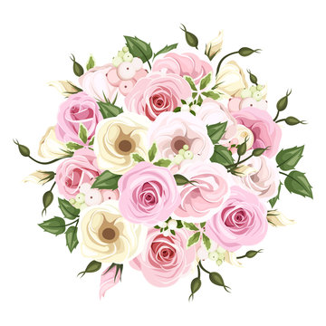 Bouquet of pink and white roses and lisianthus flowers. Vector.