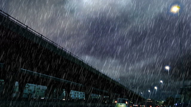 heavy rain over bridge in the early morning