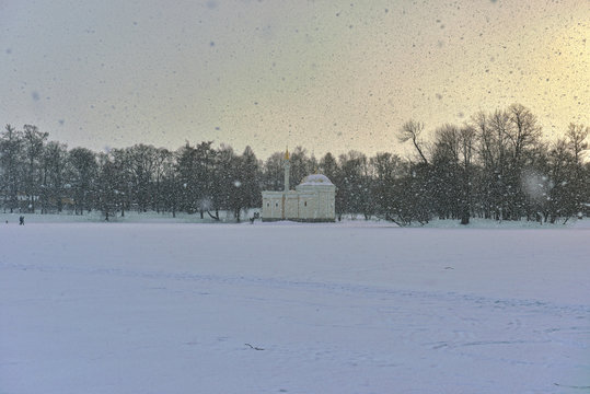 Winter  landscape with Turkish Bath  pavilion and lake