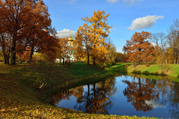 Autumn landscape with pond in Pushkin,