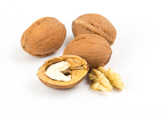 open walnuts closeup on white background