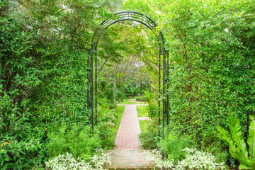 Decorative arched iron gateway to a garden
