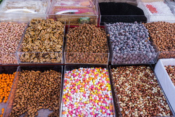 Nuts on the market. Assortment of nuts