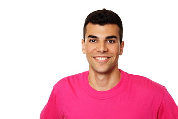 Smiling young man in pink shirt, left you can write some text