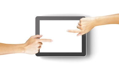 Hands clicking a generic 3d rendered tablet with copyspace