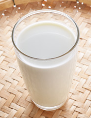 glass of milk on wood background