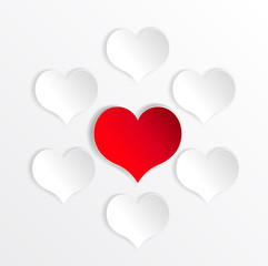 Paper hearts background with alone red heart. Vector concept