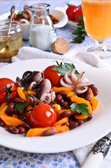 Salad of cooked beans, vegetables and octopus