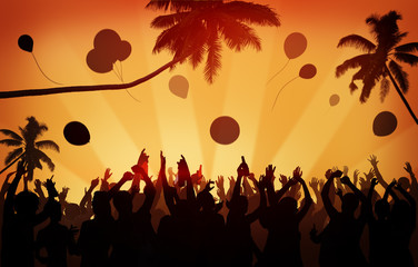 People Crowd Party Celebration Drinks Arms Raised Concept