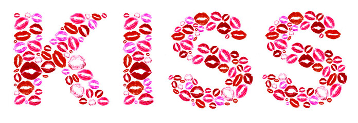 Kiss word made of kisses isolated on white