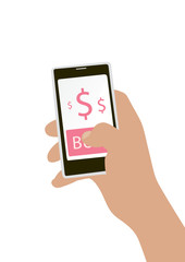 Hand holing smart phone with buy button on the screen