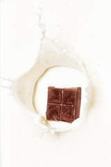 Dark chocolate splashed into fresh milk with white background.