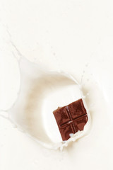 Dark chocolate splashed into fresh milk with white background.