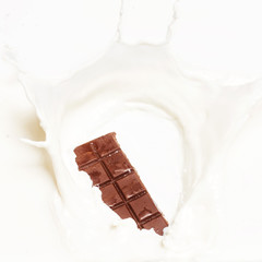Dark chocolate splashed into fresh milk with white background.