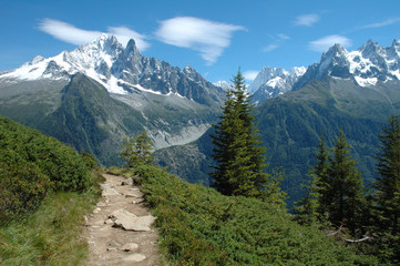 Fototapeta na wymiar Trail and peaks nearby Chamonix in Alps in France