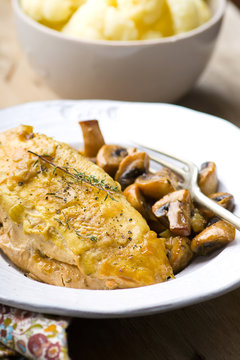 stewed chicken breast with mushrooms in the crock-pot.