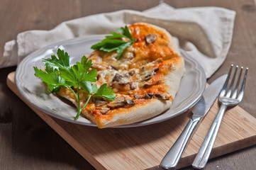 Delicious italian pizza served on wooden table