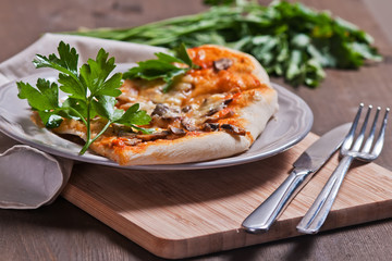 Delicious italian pizza served on wooden table