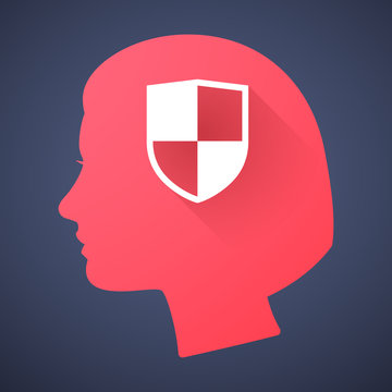 Female head silhouette icon with a shield