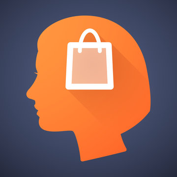 Female head silhouette icon with a shopping bag