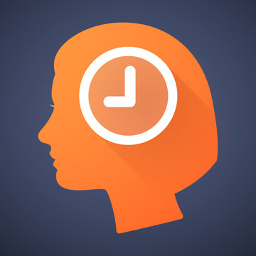 Female head silhouette icon with a clock