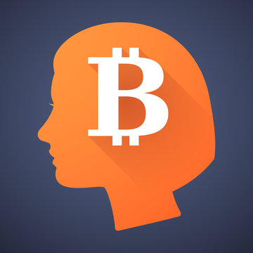 Female head silhouette icon with a bitcoin sign