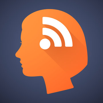 Female head silhouette icon with a RSS sign