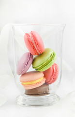 Colorful French pastry on a white background.