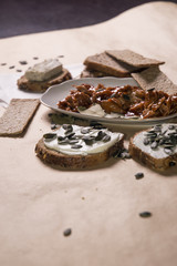 Healthy meal made of tuna fish, bread and seeds