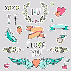 Naklejka premium Valentines day stickers set with hearts, arrows, lips, angel