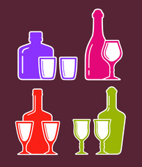 colorful set with alcohol bottles and glasses