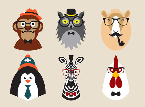 Cute fashion Hipster Animals pets, set of vector icons