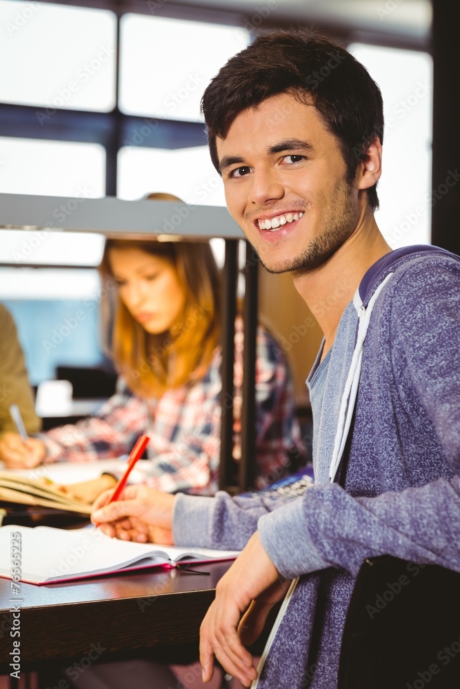 Poster portrait of a smiling student sitting at desk looking at camera
