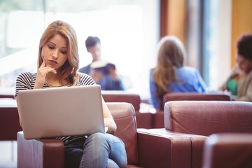 Focused student sitting on couch using laptop