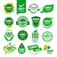 big set of vector logos natural products without GMOs - obrazy, fototapety, plakaty