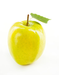 clean green apple with leaf macro, closeup isolated on white