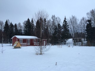 красный домик зимой